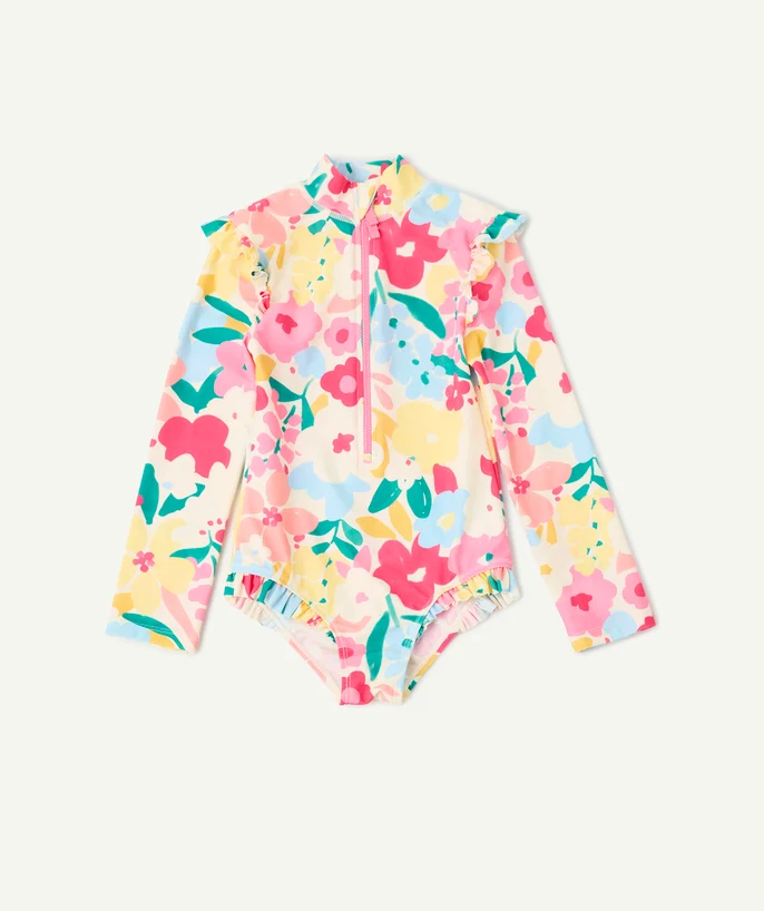 Girl's long-sleeved floral swimsuit