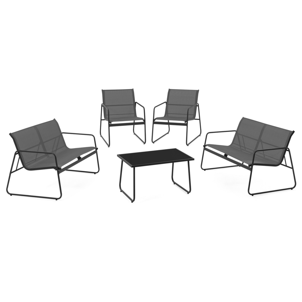 ID MARKET Salon de jardin bas malaga 6 places avec 2 canapés, fauteuils et table gris anthracite
