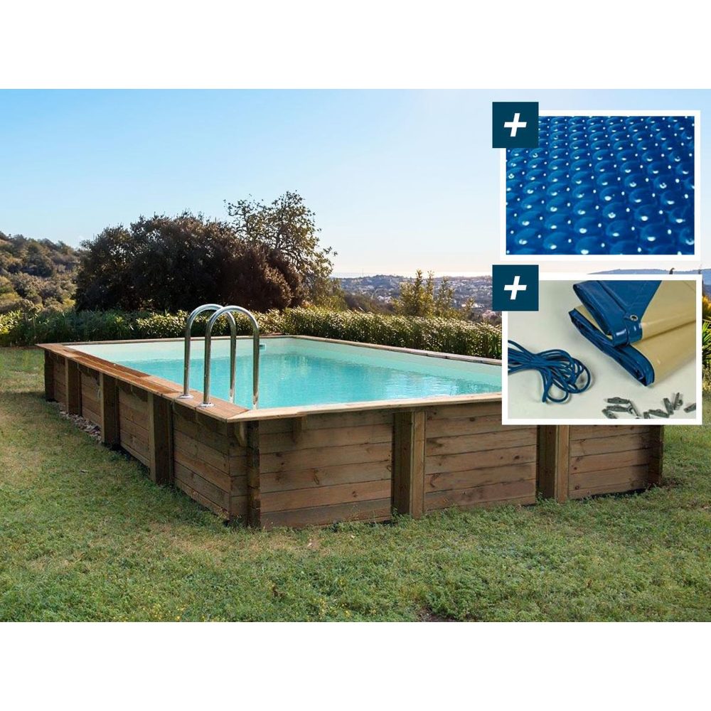 Habitat et Jardin Piscine bois en kit rectangle oceano - 9.20 x 5.20 x 1.44 m - bâche à bulles 400 µ - bâche hiver 280 g/m²